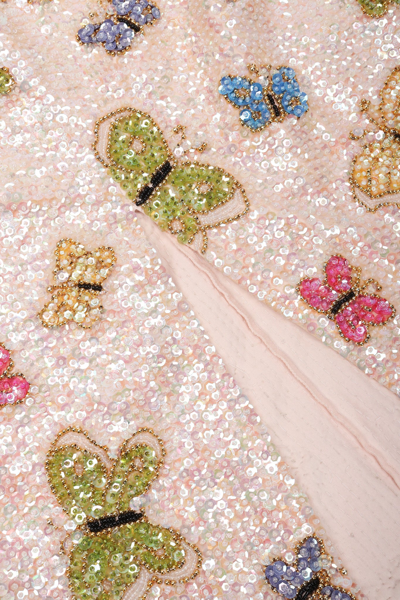 Recess Los Angeles Vintage Butterfly Sequins Halter Long Pink Beige Dress Iridescent Beads Multicolor 