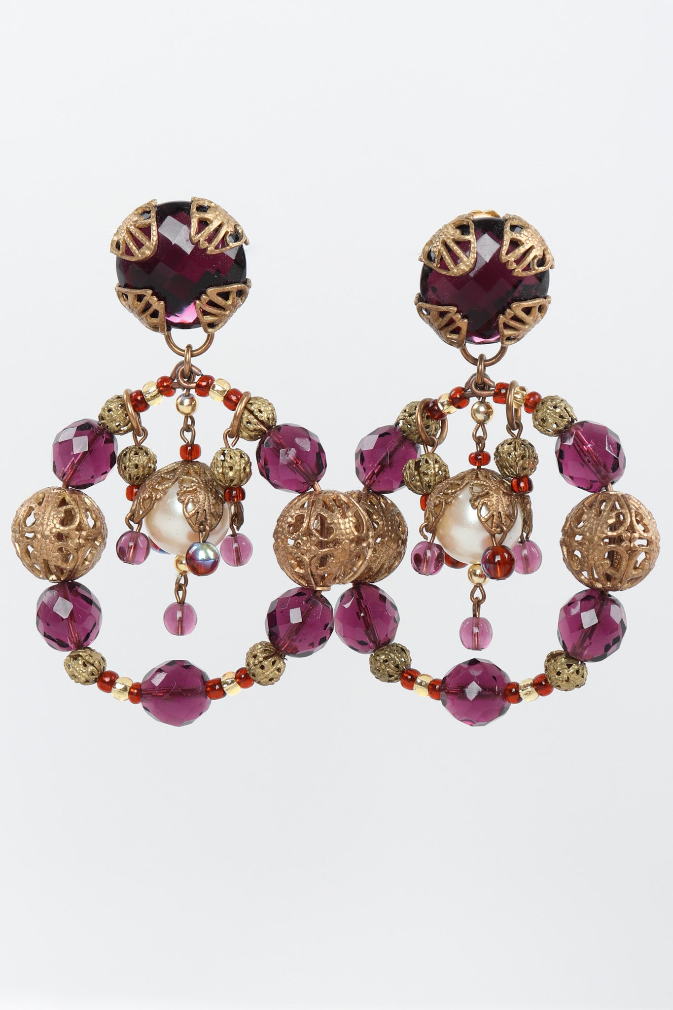 Recess Los Angeles Vintage No Label Large Wire Hoops Purple Plastic Beads Brass Balls Encased Pearl