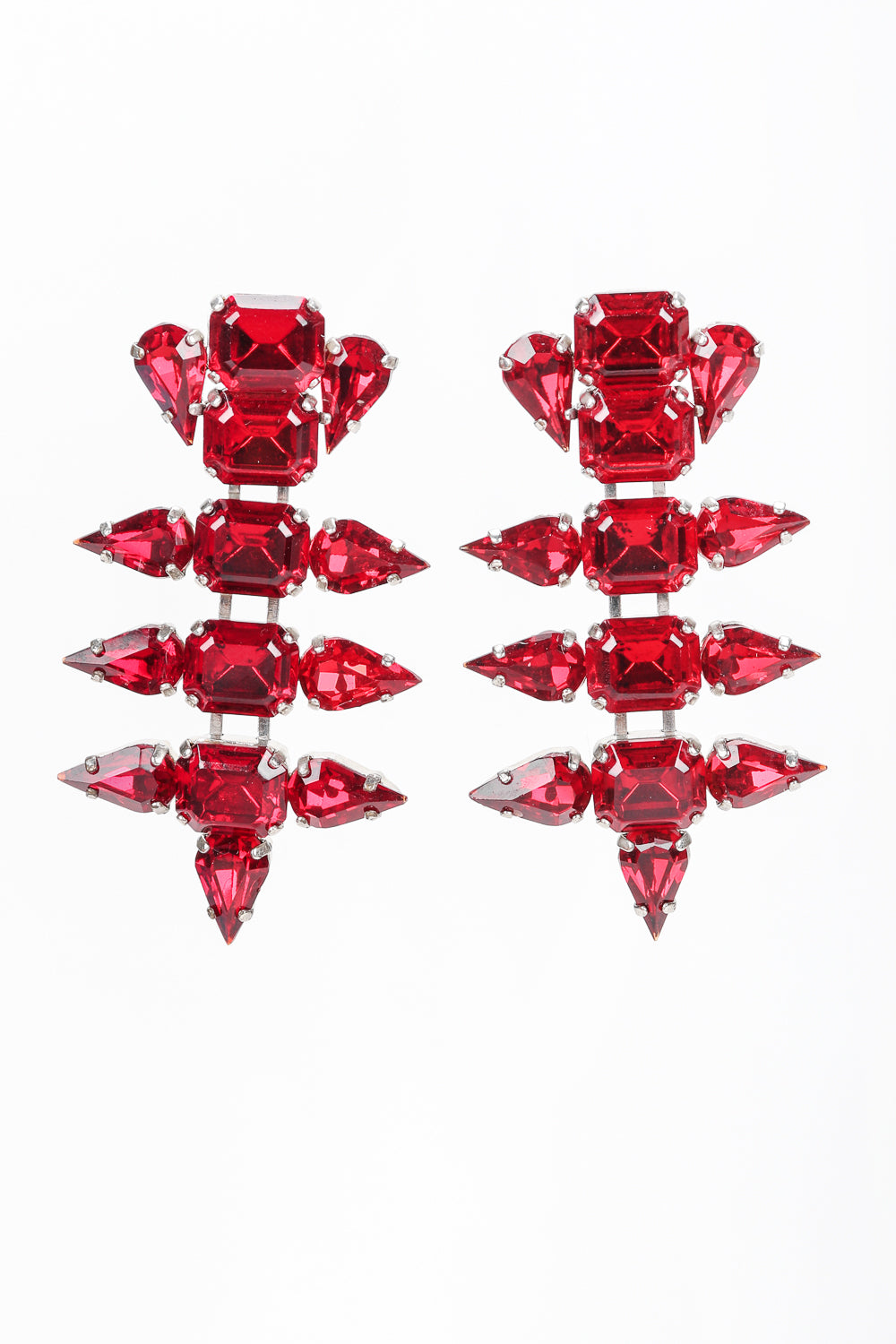 Recess Designer Consignment Vintage Ruby Rhinestone Crystal Pointed Spike Tear Drop Earrings Los Angeles Resale