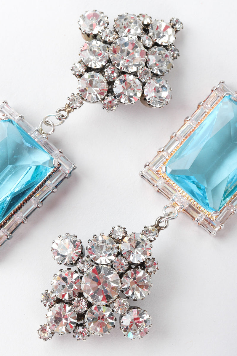 Recess Los Angeles Vintage No Label Blue Beveled Glass Diamond Shaped Cluster Rhinestone Drop Earrings
