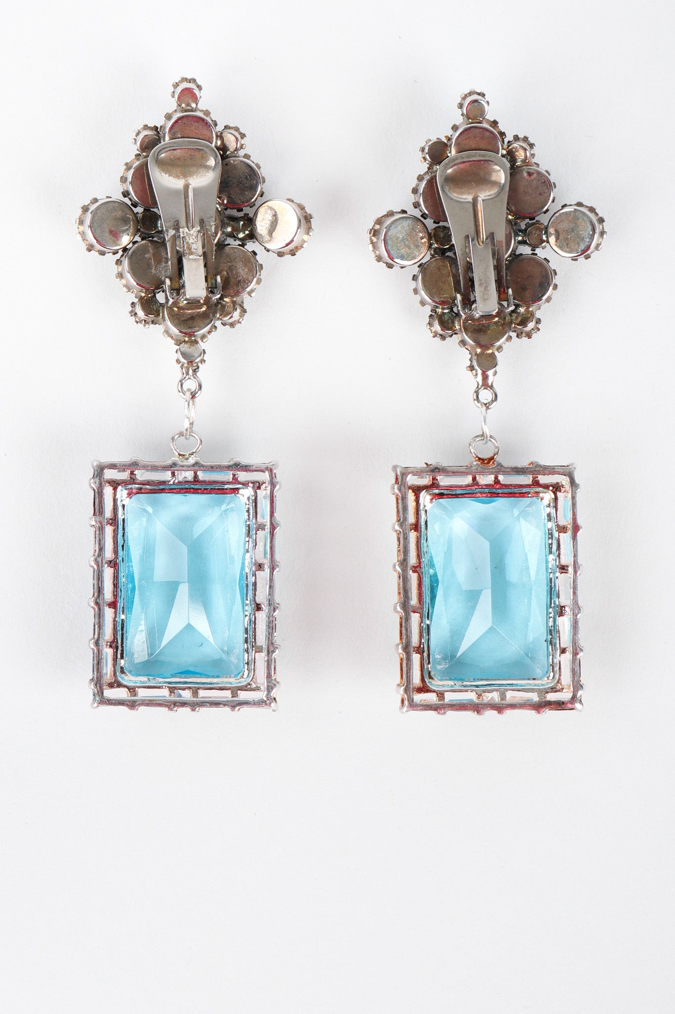 Recess Los Angeles Vintage No Label Blue Beveled Glass Diamond Shaped Cluster Rhinestone Drop Earrings