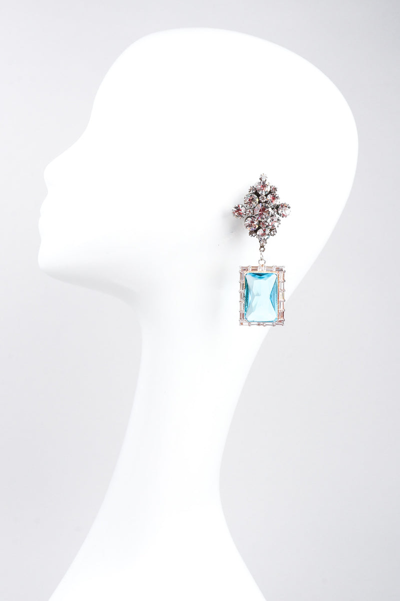 Recess Los Angeles Vintage No Label Blue Beveled Glass Diamond Shaped Cluster Rhinestone Drop Earrings