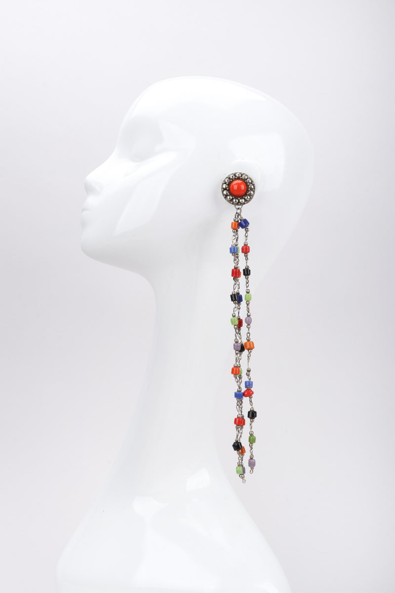 Recess Los Angeles Vintage Artisan XL Extreme Beaded Clay Fringe Shoulder Duster Drop Earring