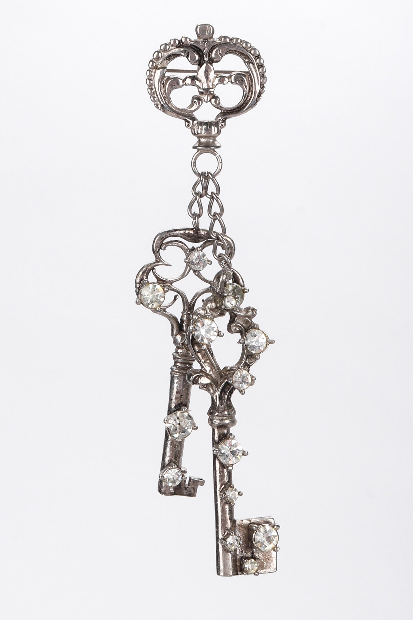 Recess Los Angeles Vintage Unsigned Antiqued Silver Crystal Keys Brooch