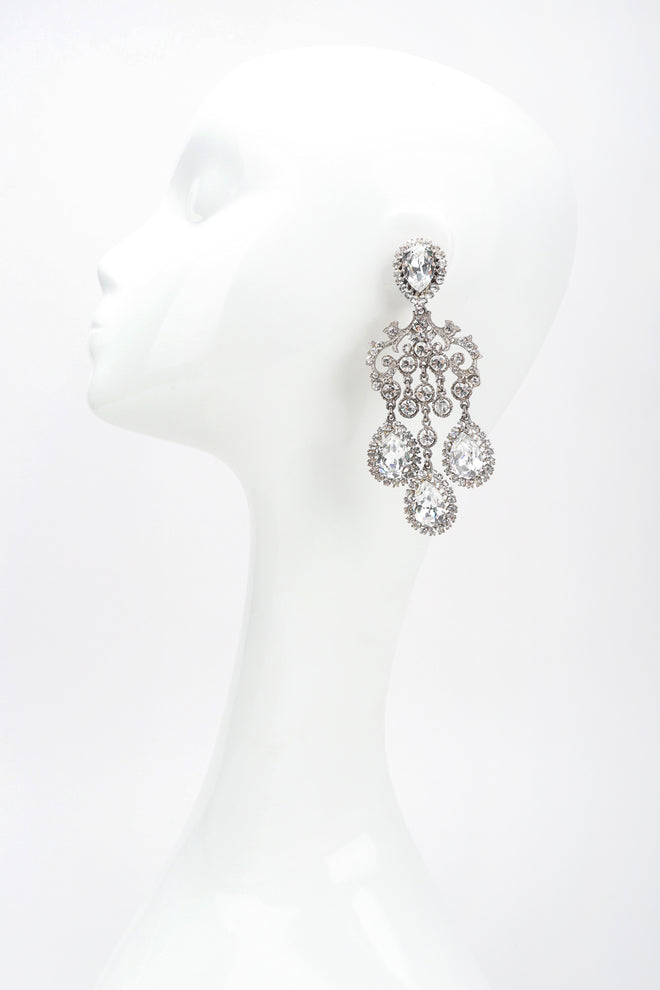 Recess Los Angeles Designer Consignment Resale Vintage Silver Crystal Teardrop Chandelier Beyonce Earrings