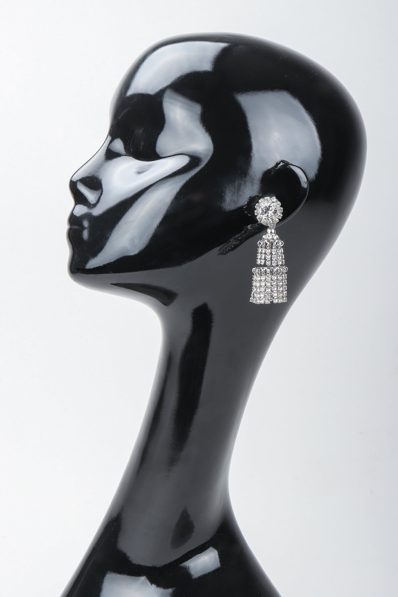 Vintage Rhinestone Crystal Fringe Chandelier Earrings on Mannequin