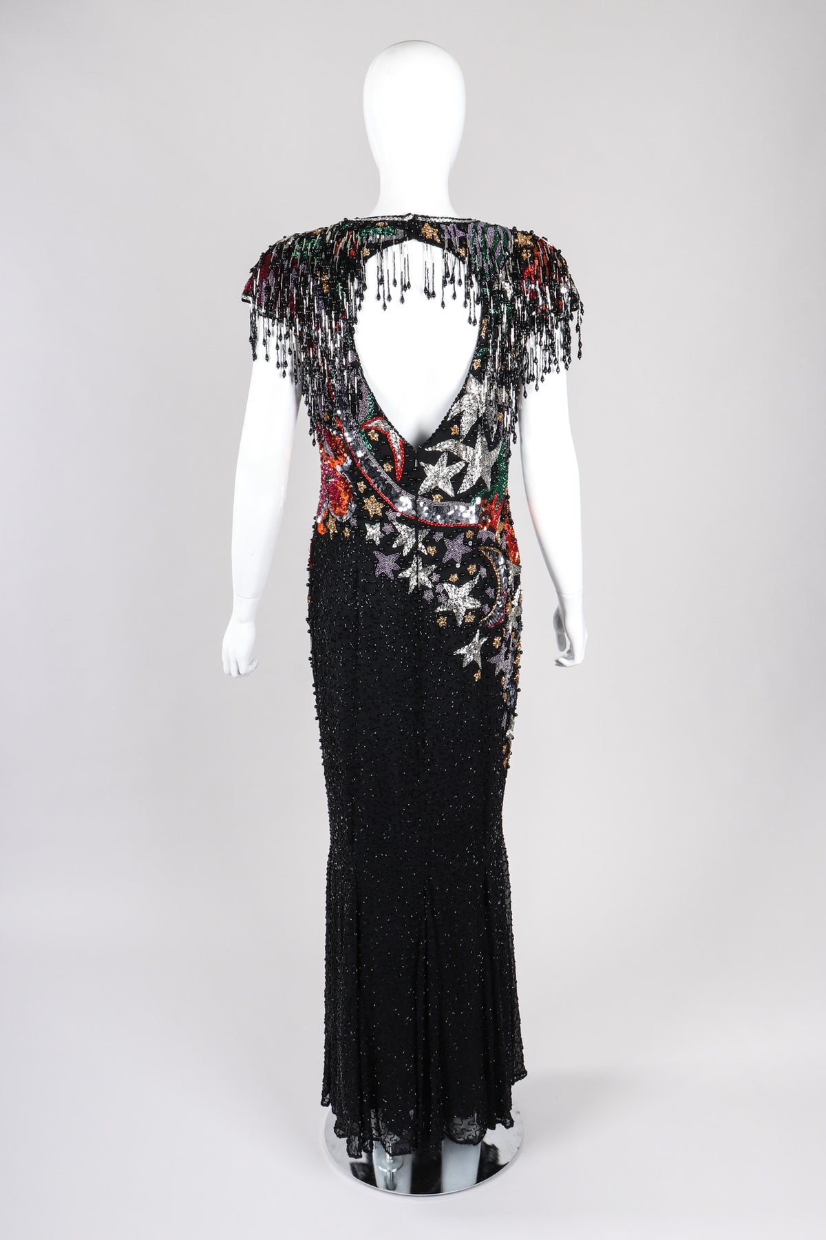 Vintage Beaded Stars Backless Fringe Gown  Recess