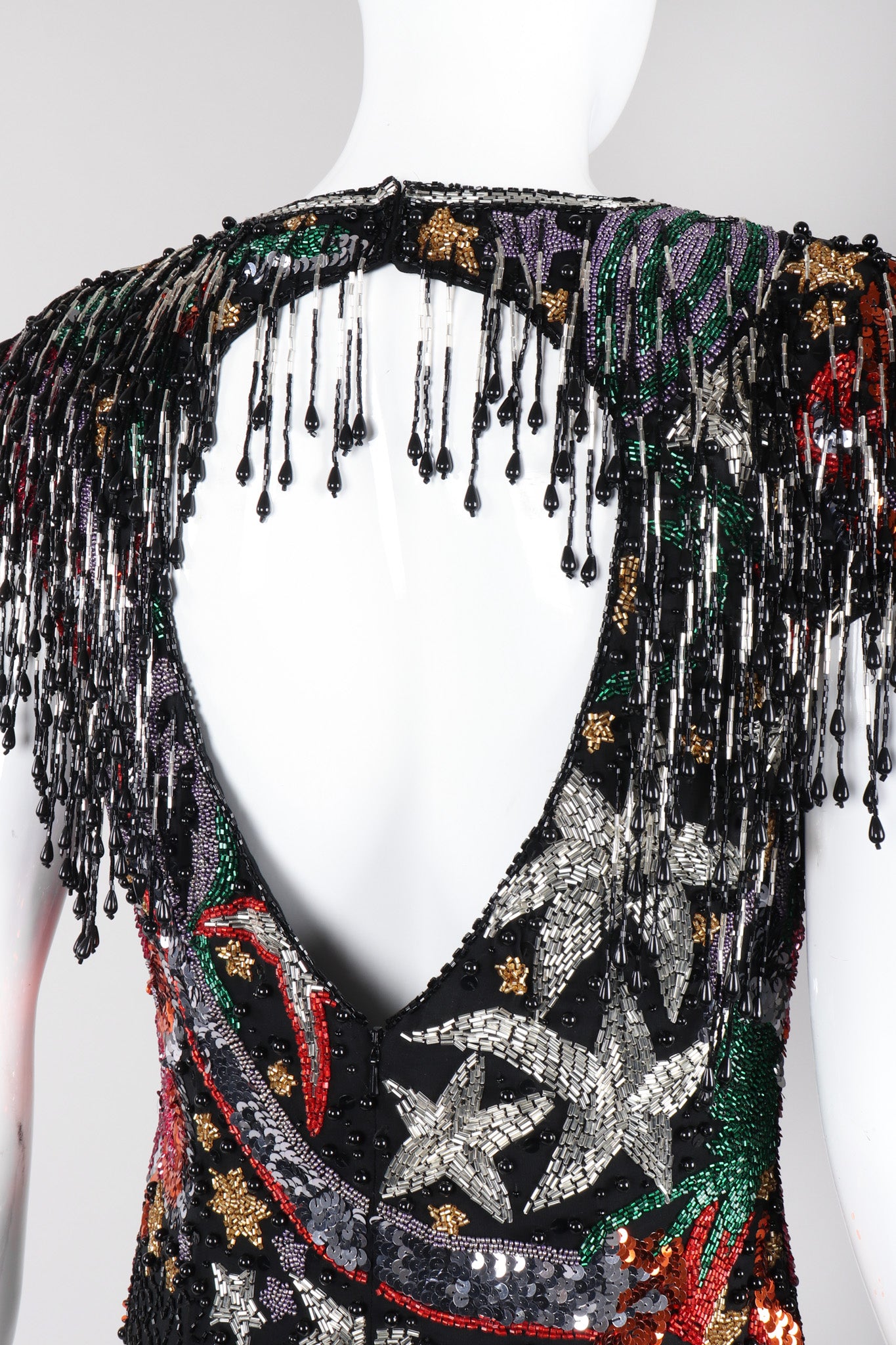 Recess Los Angeles Vintage Beaded Stars Backless Fringe Gown