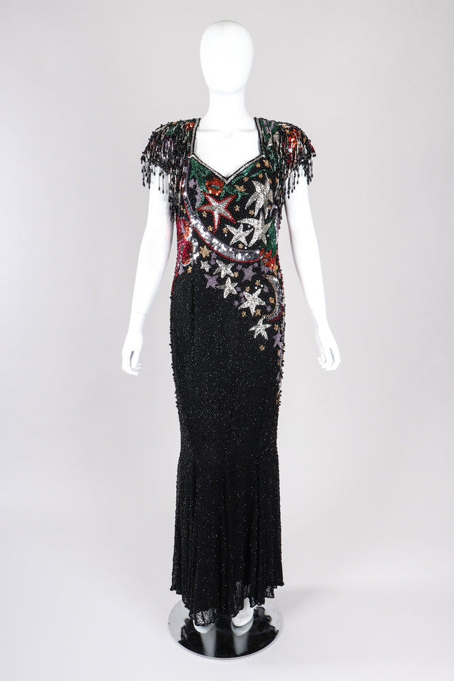 Recess Los Angeles Vintage Beaded Stars Backless Fringe Gown