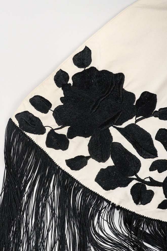 Recess Los Angeles Vintage Embroidered Black Roses Graphic Contrast Fringed Piano Shawl