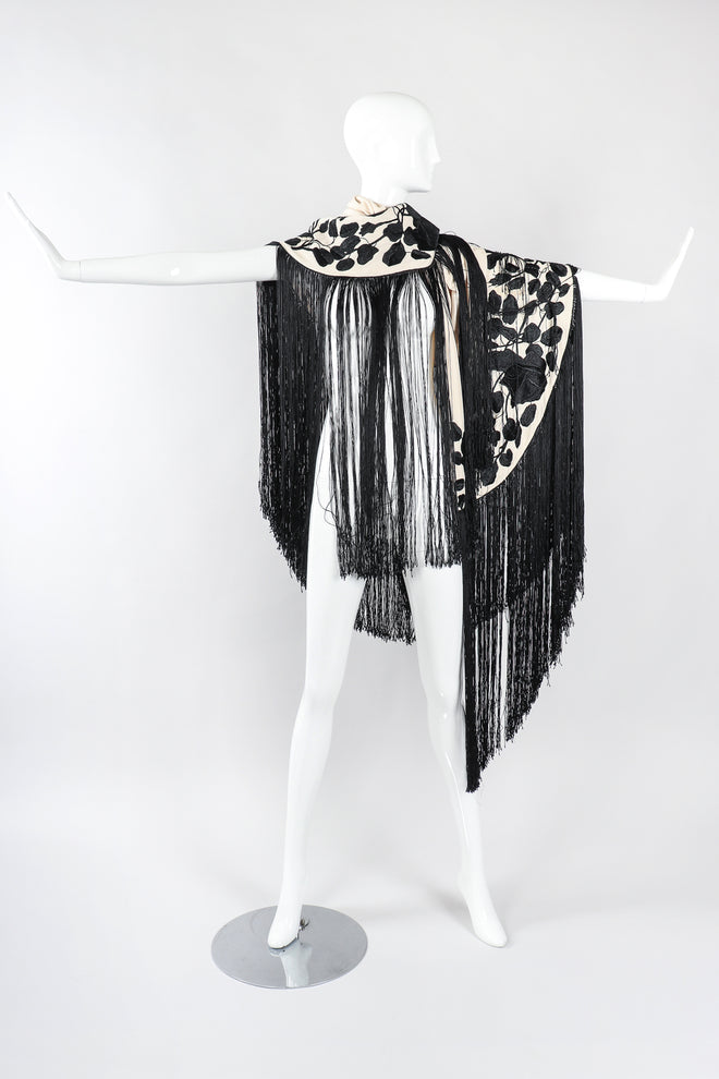 Recess Los Angeles Vintage Embroidered Black Roses Graphic Contrast Fringed Piano Shawl