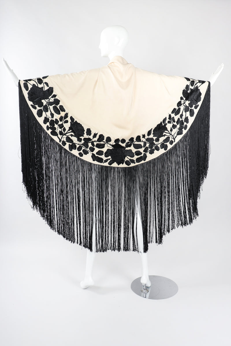 Recess Los Angeles Vintage Embroidered Black Roses Graphic Contrast Fringed Piano Shawl