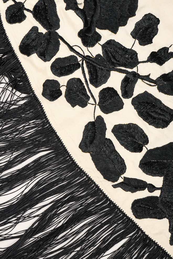 Recess Los Angeles Vintage Embroidered Black Roses Graphic Contrast Fringed Piano Shawl