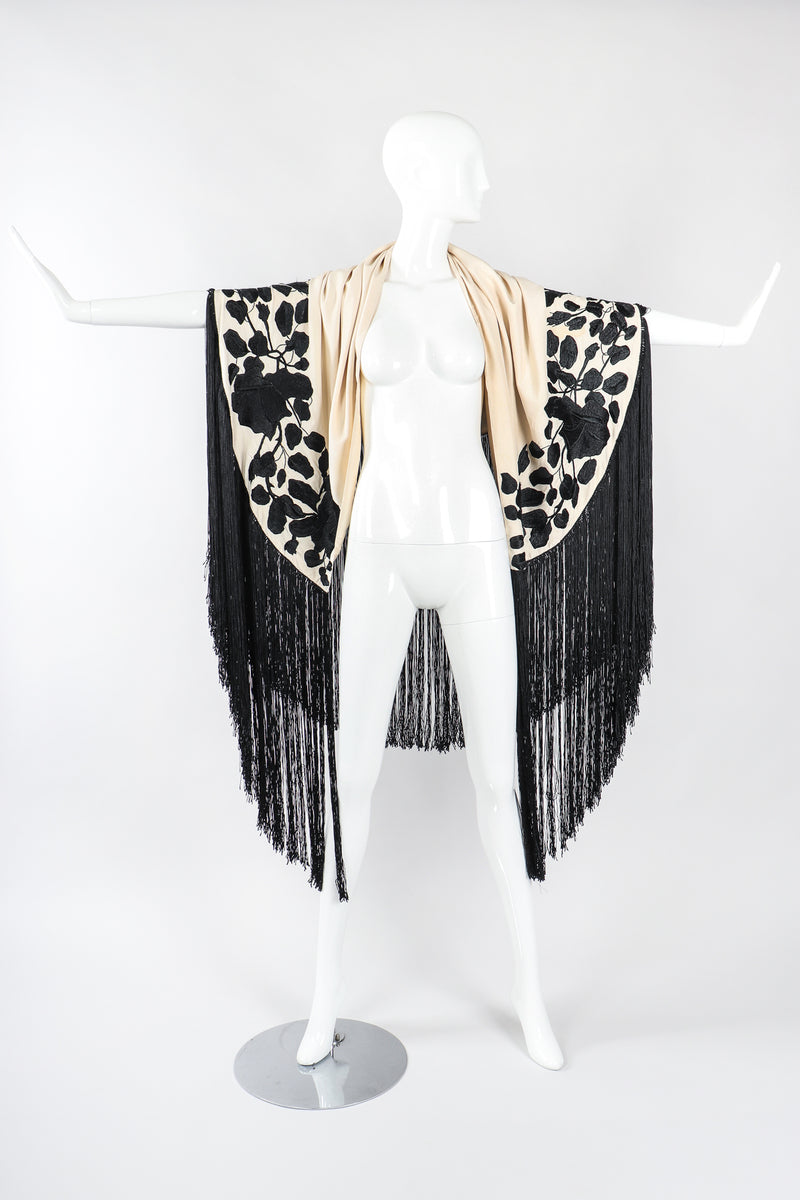 Recess Los Angeles Vintage Embroidered Black Roses Graphic Contrast Fringed Piano Shawl