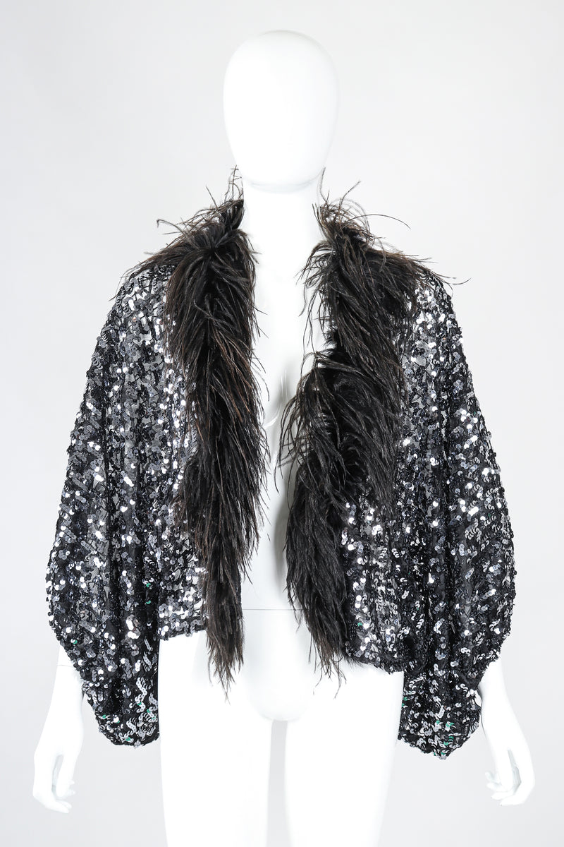 Recess Designer Consignment Vintage Sheer Sequin Ostrich Feather Batwing Jacket Los Angeles Resale