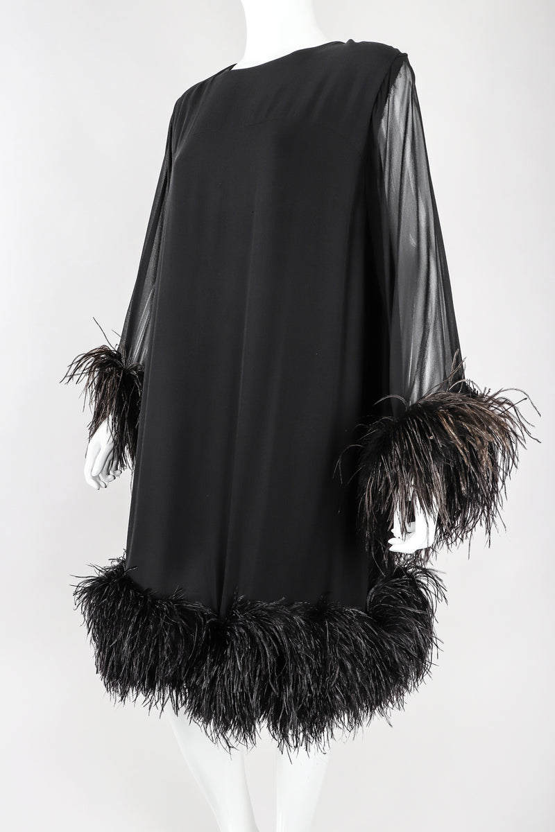 Recess Los Angeles Designer Consignment Vintage Ostrich Feather Silk Trapeze Swing Dress