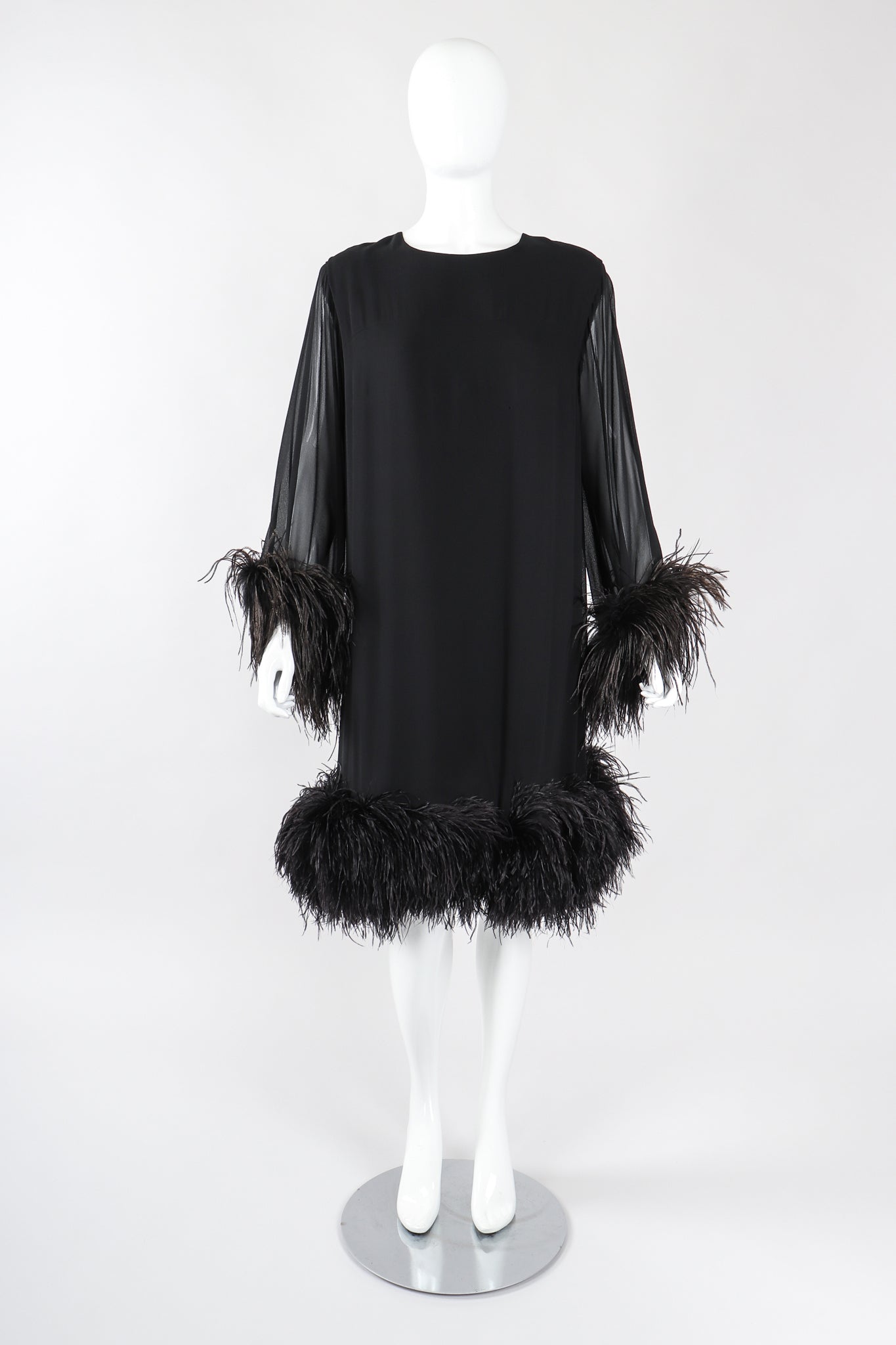 Recess Los Angeles Designer Consignment Vintage Ostrich Feather Silk Trapeze Swing Dress