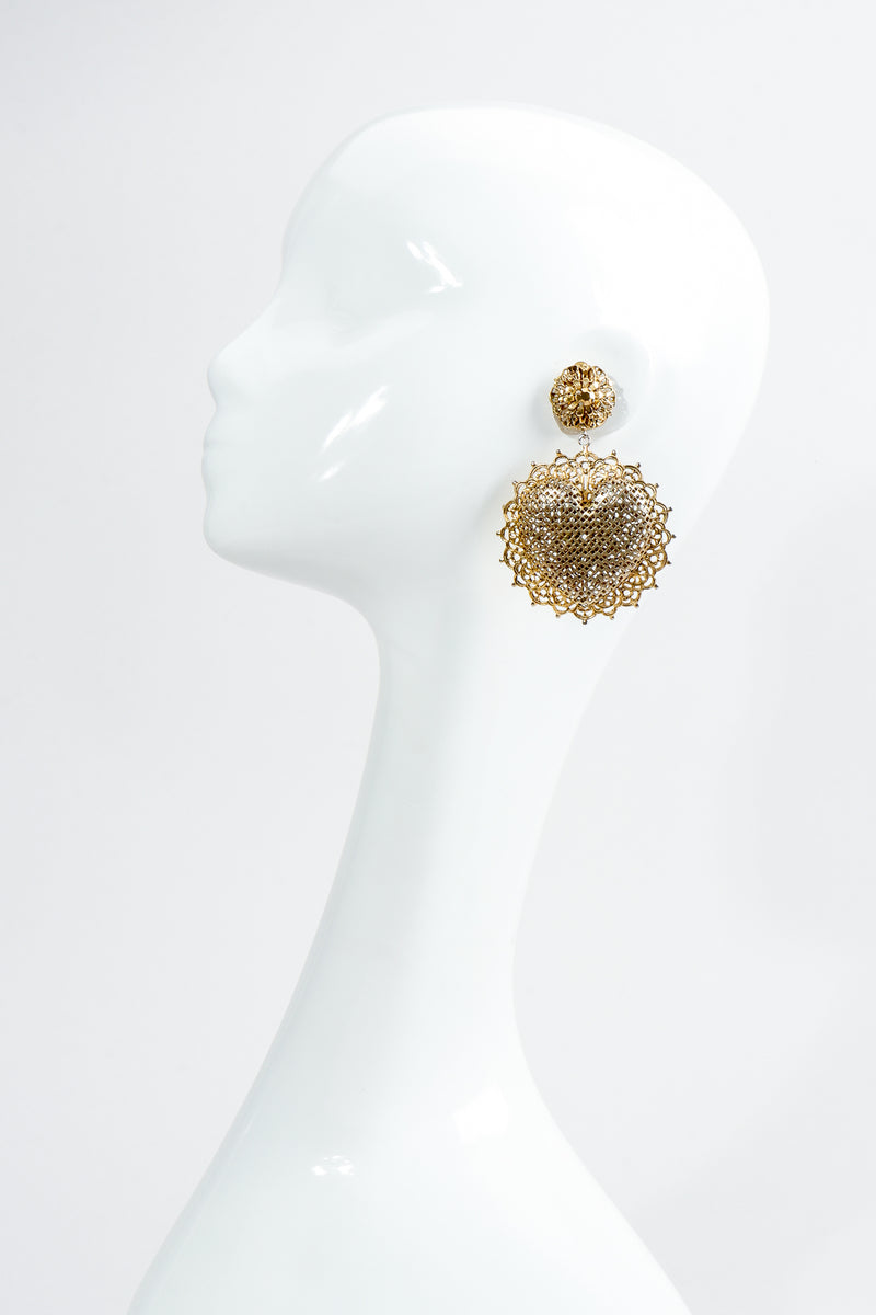 Vintage Perforated Sunburst Heart Drop Earrings on Mannequin at Recess Los Angeles