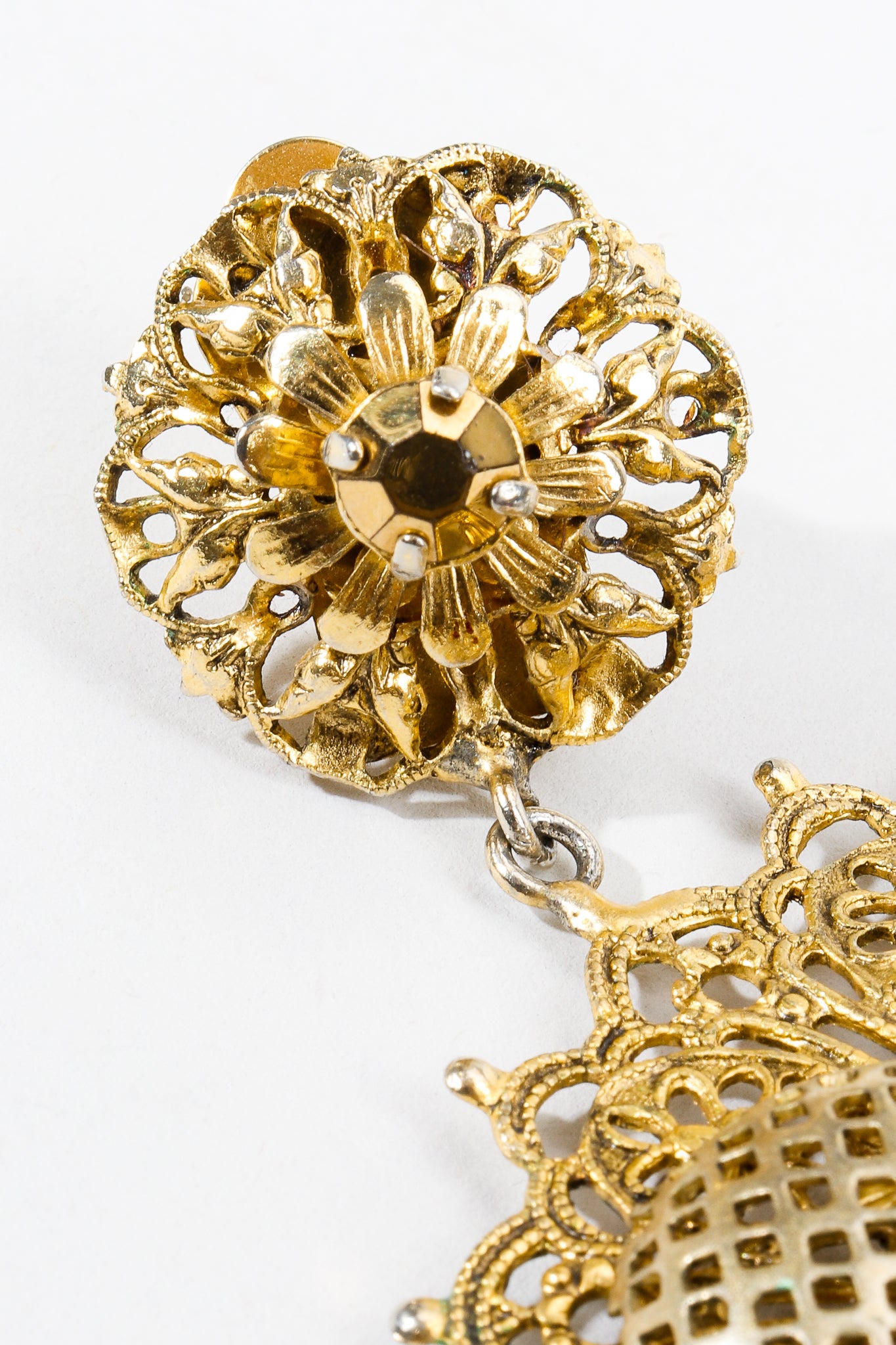 Vintage Perforated Sunburst Heart Drop Earring stone detail at Recess Los Angeles