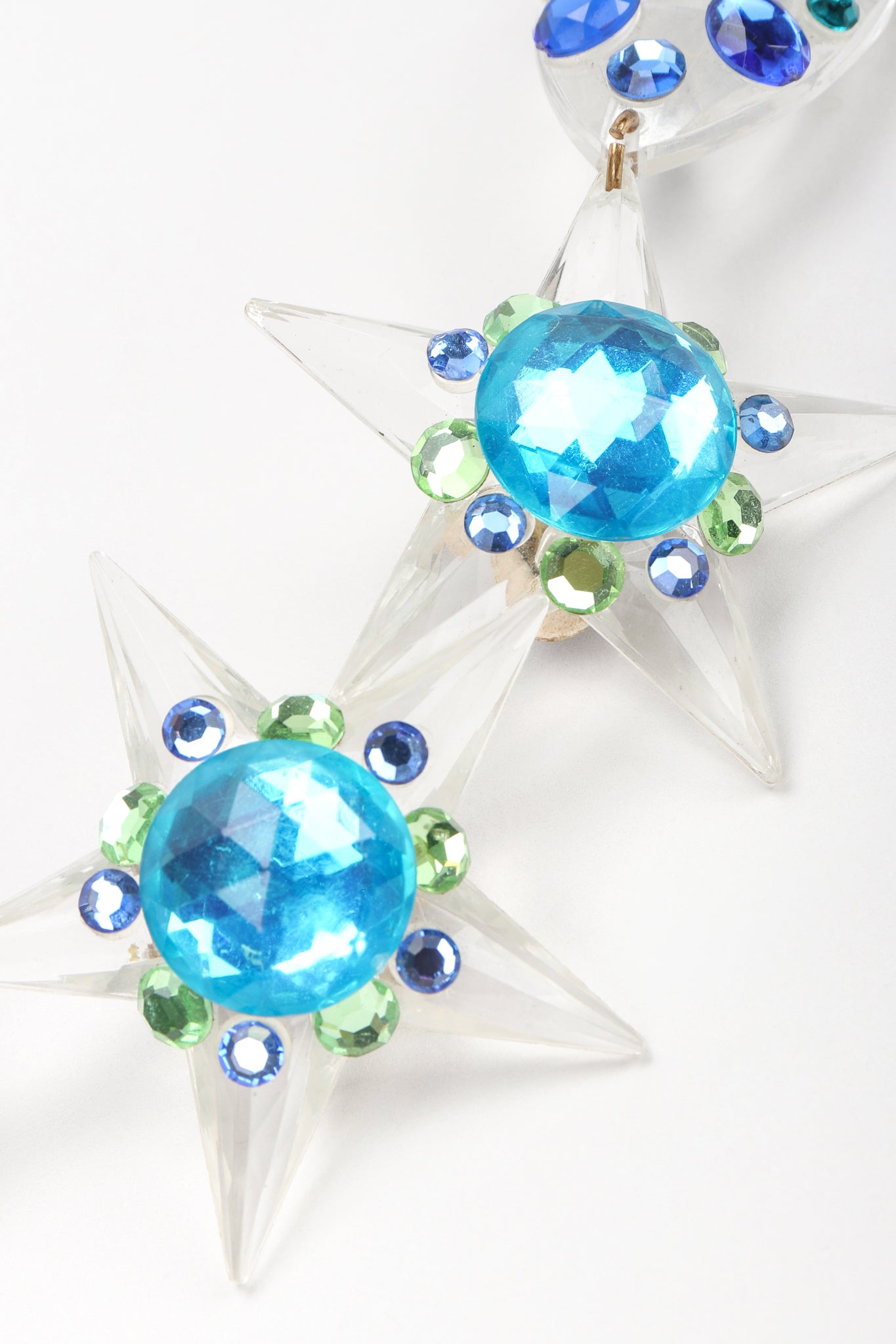 Recess Unsigned Clear Acrylic Star Teardrop Earrings, Aqua Crystal Close Up