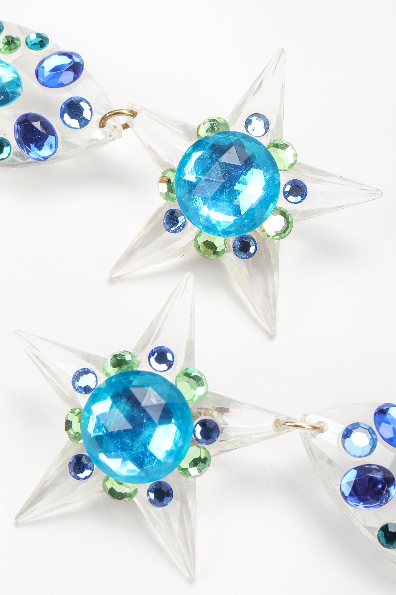 Recess Vintage Unsigned Clear Acrylic Star Teardrop Earrings, Aqua Crystal Close Up