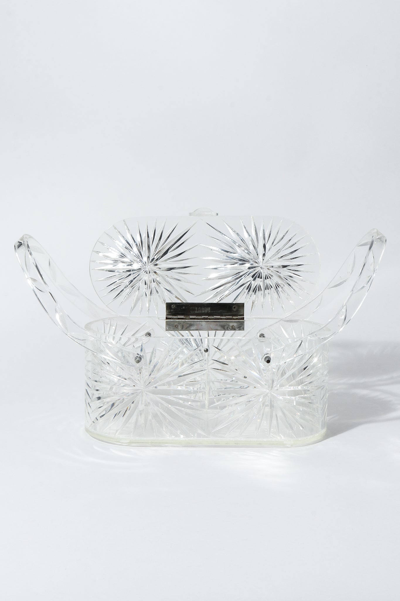 Vintage Wilardy Clear Diamond-Cut Lucite Box Bag open at Recess Los Angeles