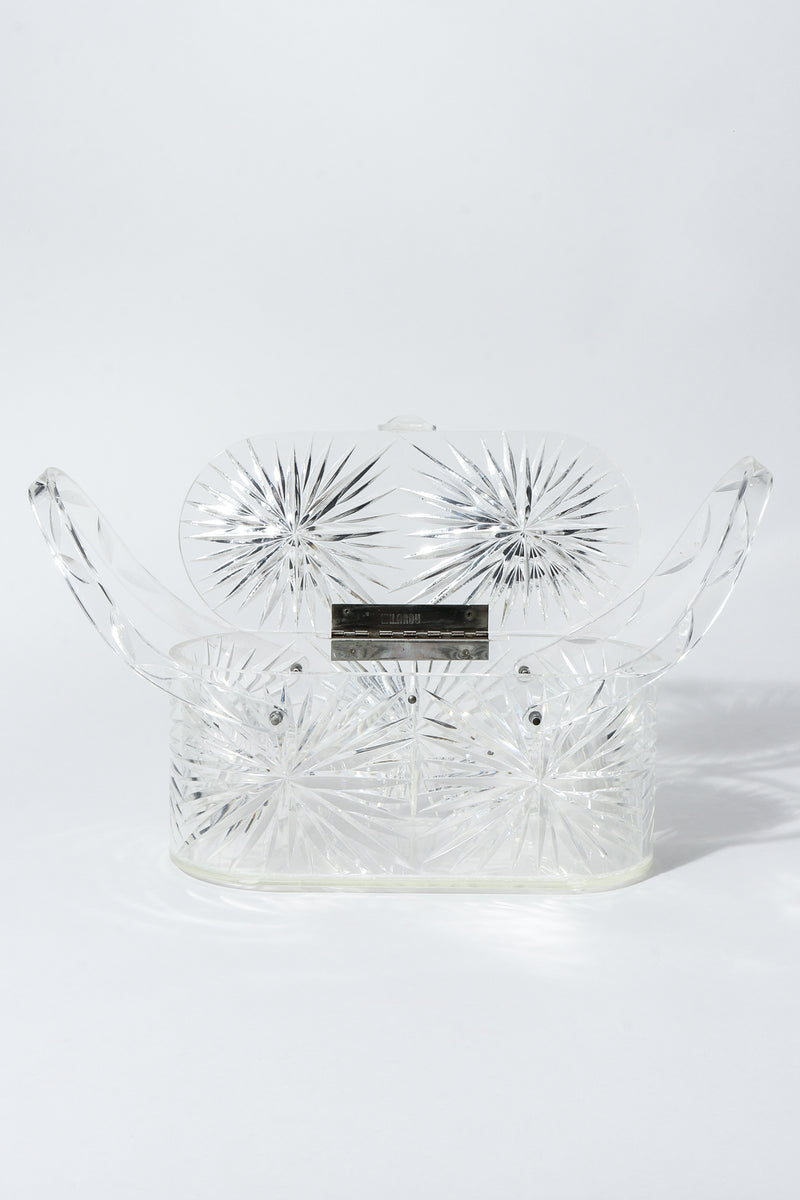Vintage Wilardy Clear Diamond-Cut Lucite Box Bag open at Recess Los Angeles