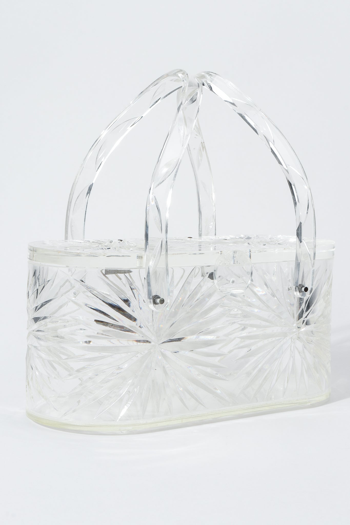 Vintage Wilardy Clear Diamond-Cut Lucite Box Bag Angled at Recess Los Angeles