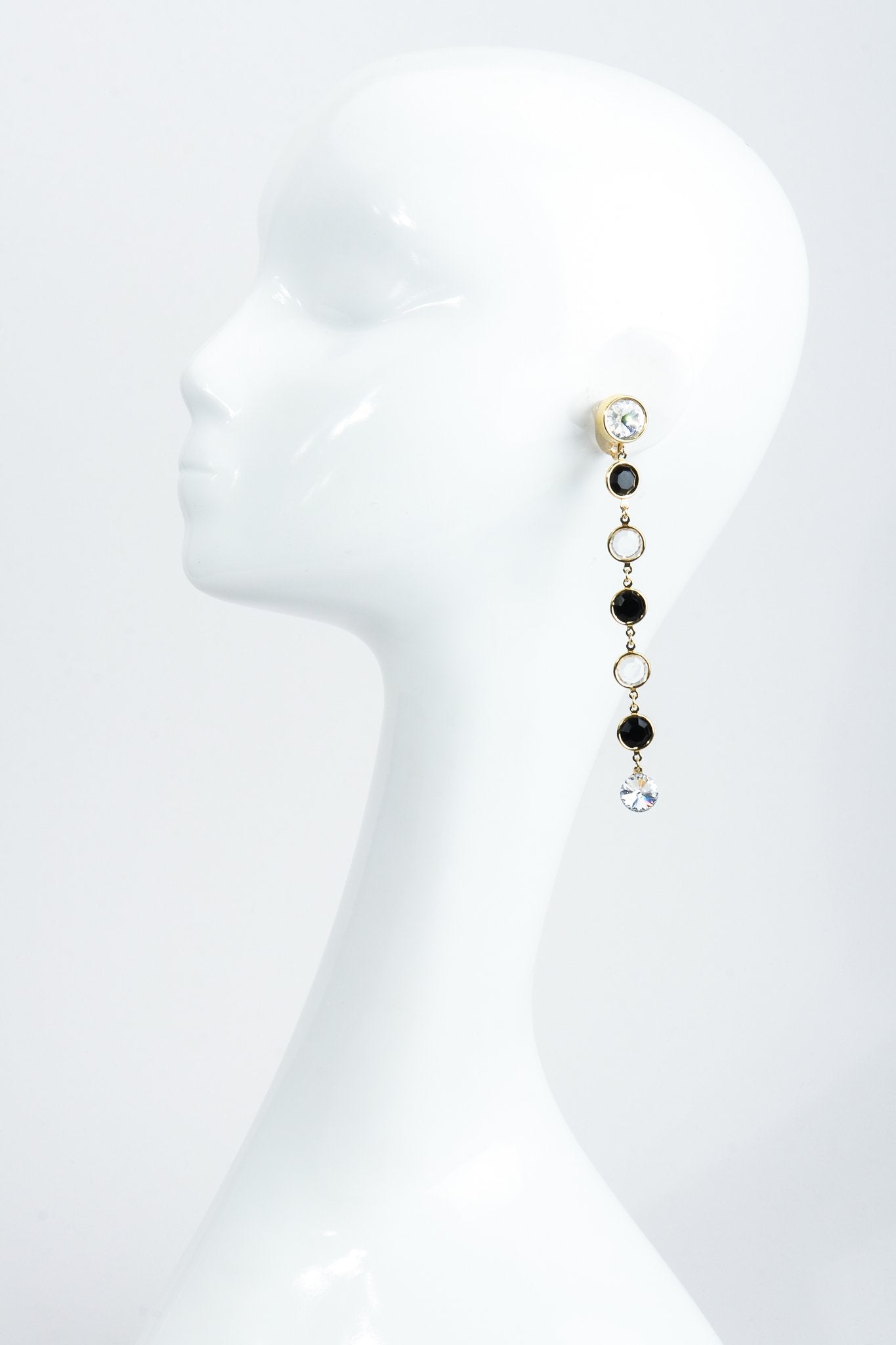 Vintage Unsigned Long Crystal Bezel Drop Earrings on Mannequin at Recess Los Angeles