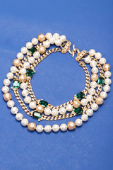 Recess Los Angeles Vintage Mixed Media Multi-Strand Tiered Emerald Pearl Chain Necklace