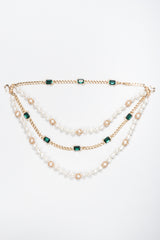 Recess Los Angeles Vintage Mixed Media Multi-Strand Tiered Emerald Pearl Chain Necklace