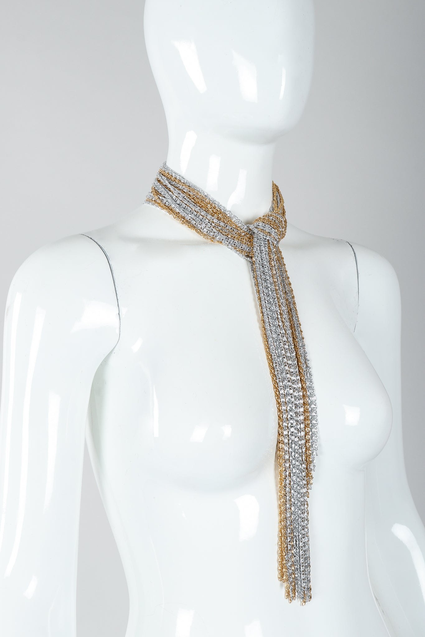 Vintage Unsigned Two-Tone Multi-Strand Chain Shawl Lariat  on Mannequin choker tie at Recess