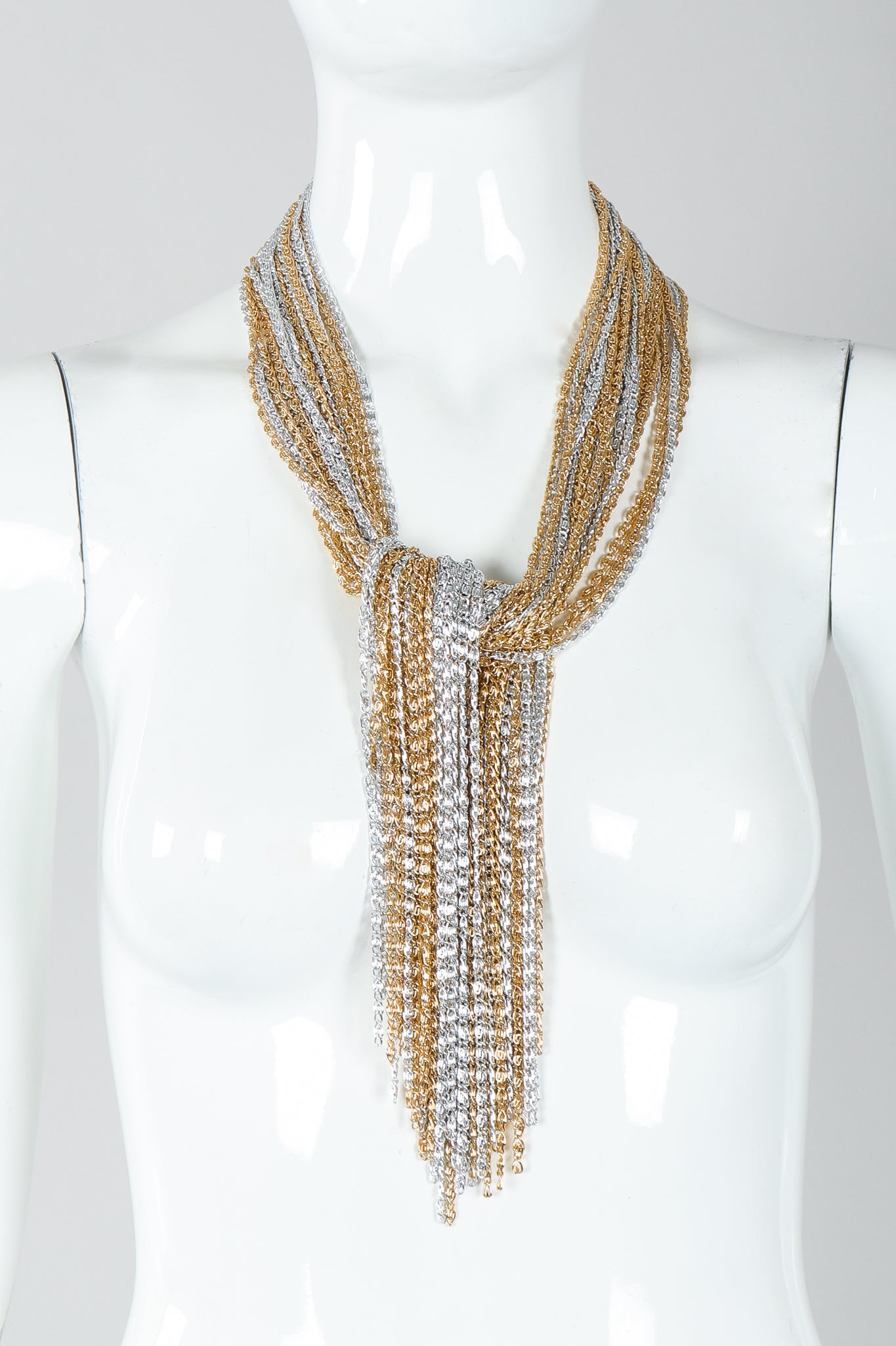Vintage Unsigned Two-Tone Multi-Strand Chain Shawl Lariat  on Mannequin tied at Recess