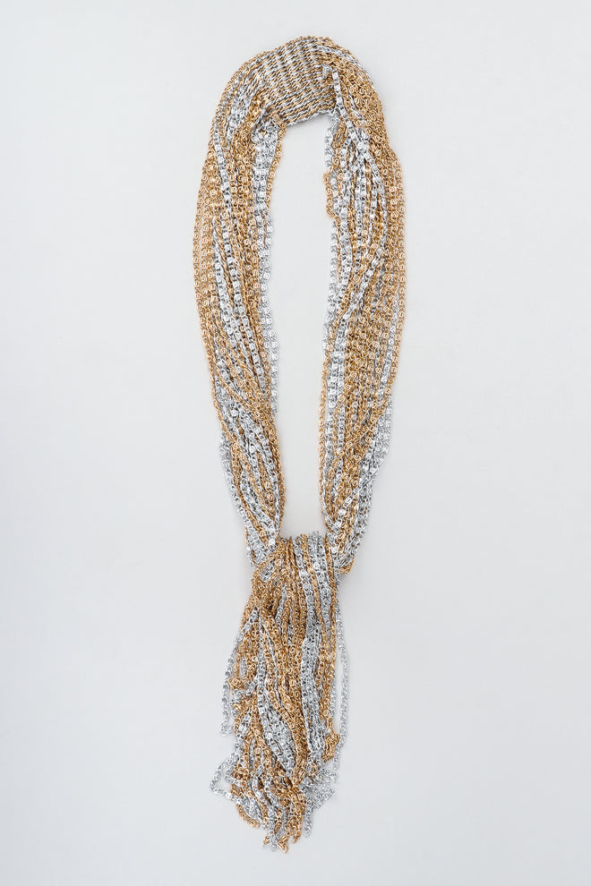 Vintage Unsigned Two-Tone Multi-Strand Chain Shawl Lariat on grey at Recess