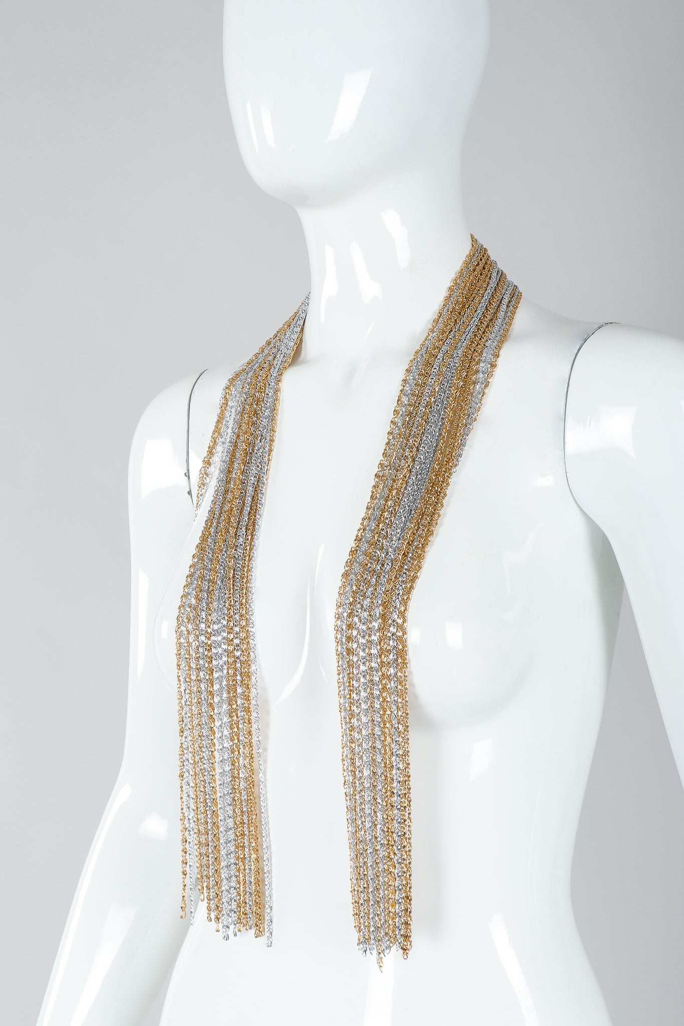 Vintage Unsigned Two-Tone Multi-Strand Chain Shawl Lariat  on Mannequin untied at Recess