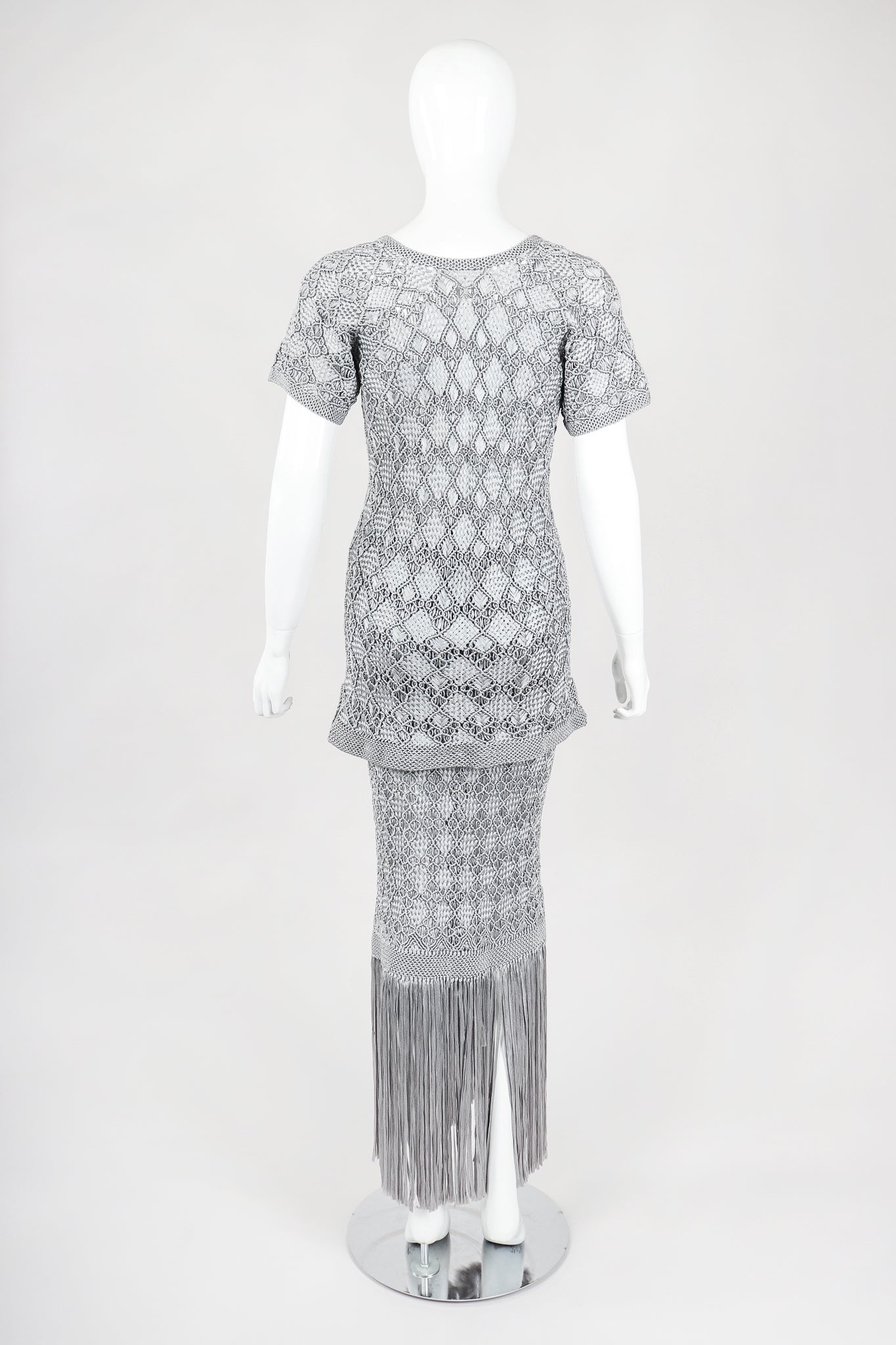 Recess Designer Consignment Vintage Knotted Macrame Fringe Top & Skirt Set Outfit Los Angeles Resale