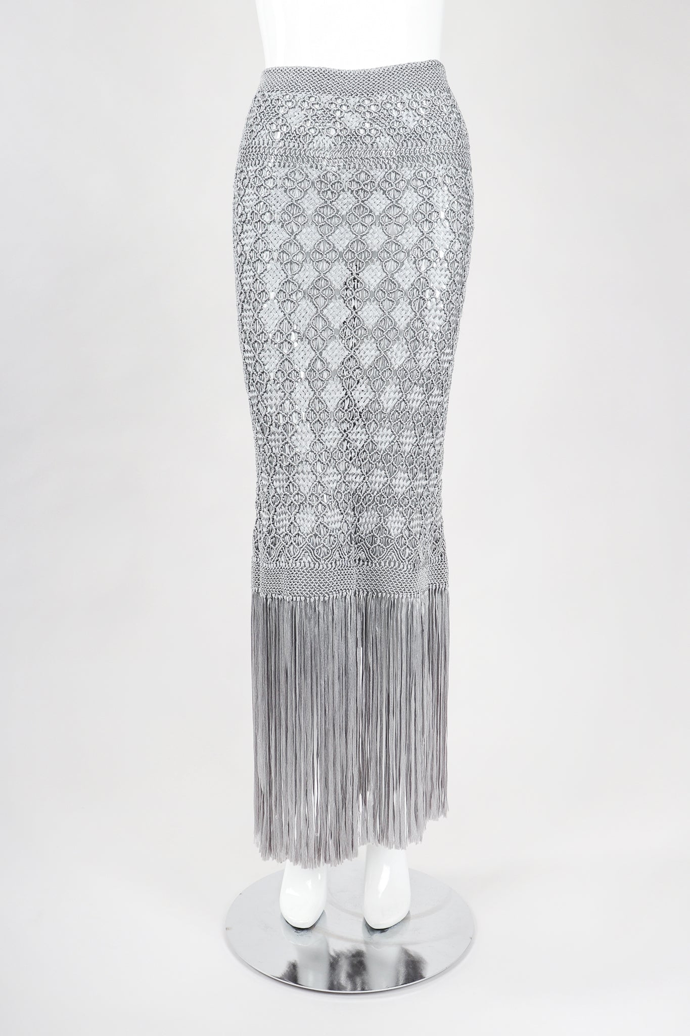 Recess Designer Consignment Vintage Knotted Macrame Fringe Top & Skirt Set Outfit Los Angeles Resale
