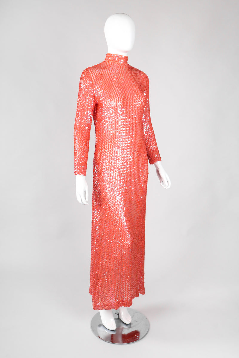 Recess Los Angeles Vintage 60s Sheer Iridescent Sequined High Neck Sheath Column Gown