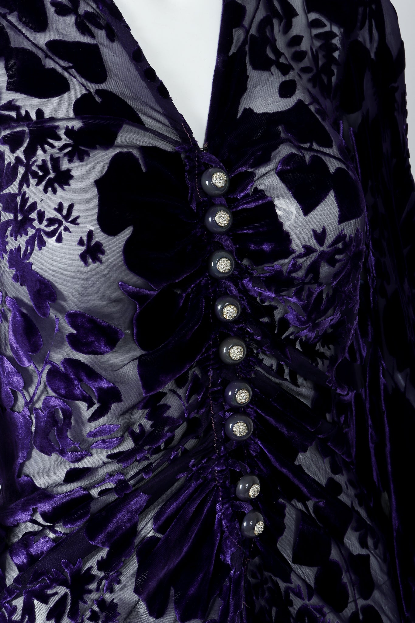 Vintage Sheer Silk Velvet Bishop Bubble Sleeve Burnout Gown Button Detail