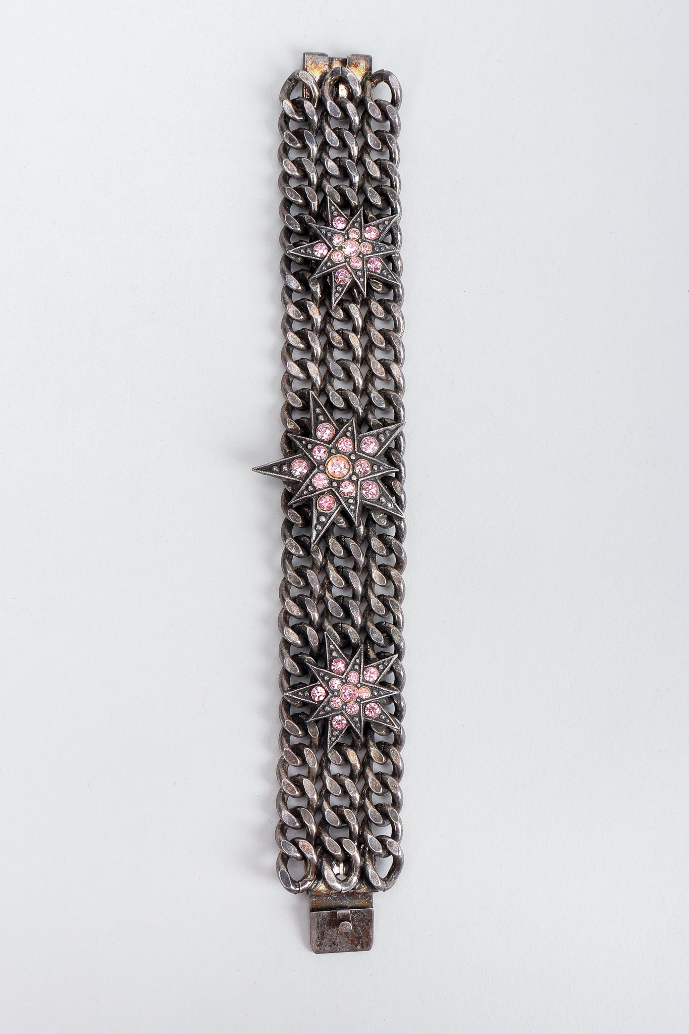 Vintage Unsigned Pink Stars Oxidized Chain Link Bracelet on Grey Background