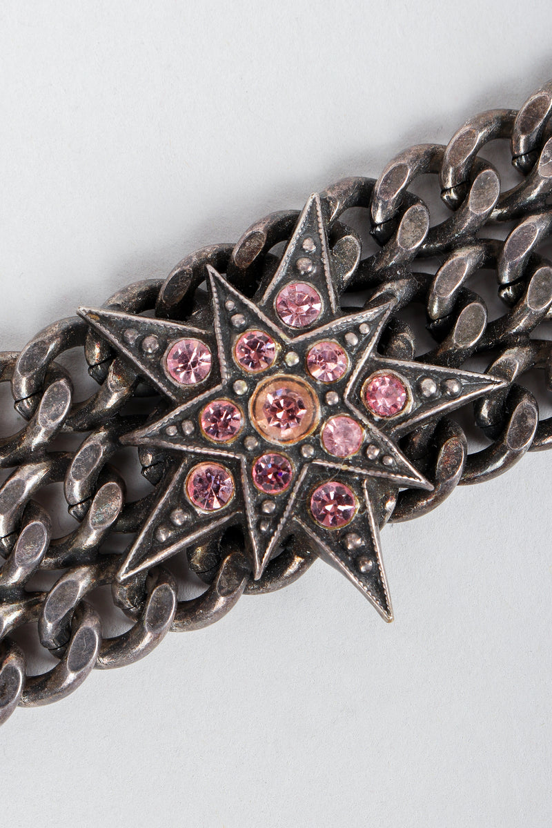 Vintage Unsigned Pink Stars Oxidized Chain Link Bracelet Star Detail