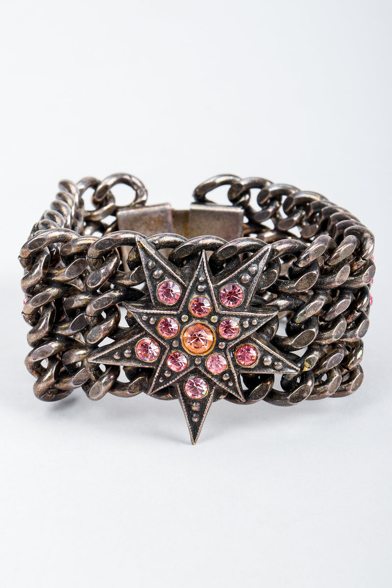 Vintage Unsigned Pink Stars Oxidized Chain Link Bracelet 