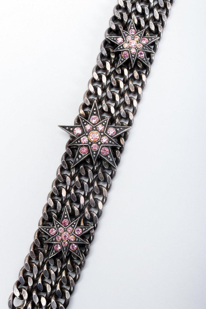 Vintage Unsigned Pink Stars Oxidized Chain Link Bracelet 