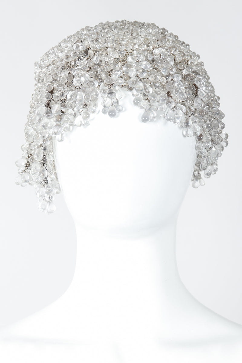 Vintage Crystal Teardrop Beaded Casque Cap on Mannequin Front at Recess Los Angeles