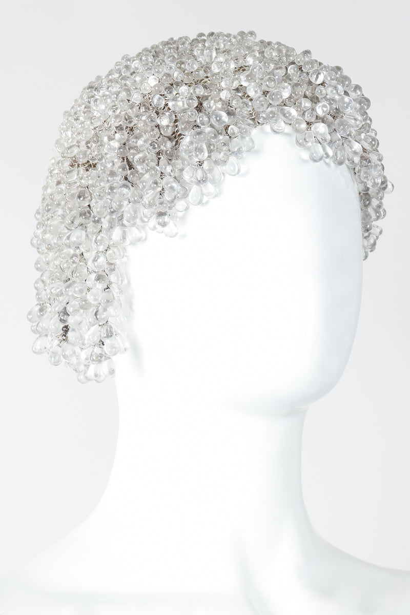 Vintage Crystal Teardrop Beaded Cloche Casque Cap on Mannequin Angled at Recess Los Angeles