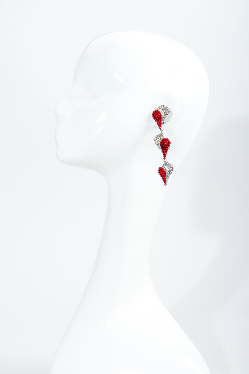 Vintage Unsigned Rhinestone Falling Heart Earrings on Mannequin at Recess