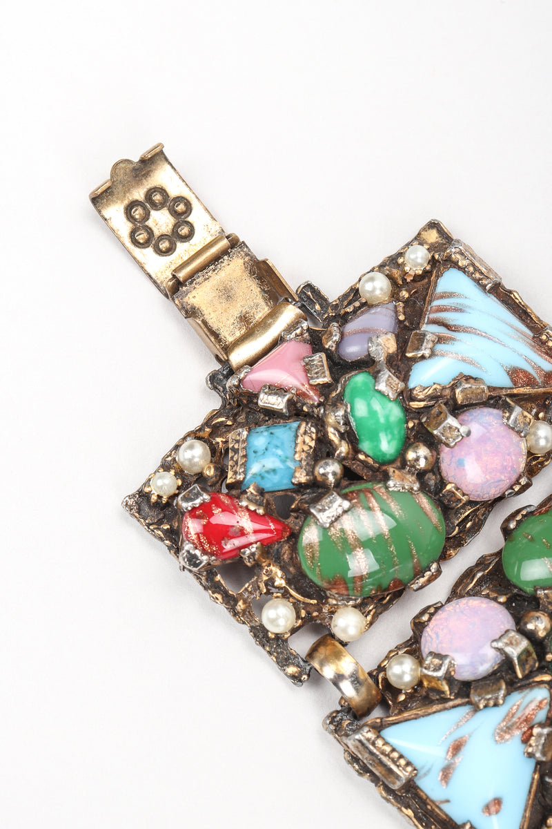Recess Vintage Brutalist Mosaic Gemstone Hinged Plate Bracelet, Clasp Detail