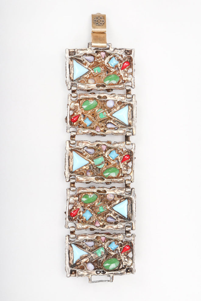 Recess Vintage Brutalist Mosaic Gemstone Hinged Metal Plate Bracelet, Backside