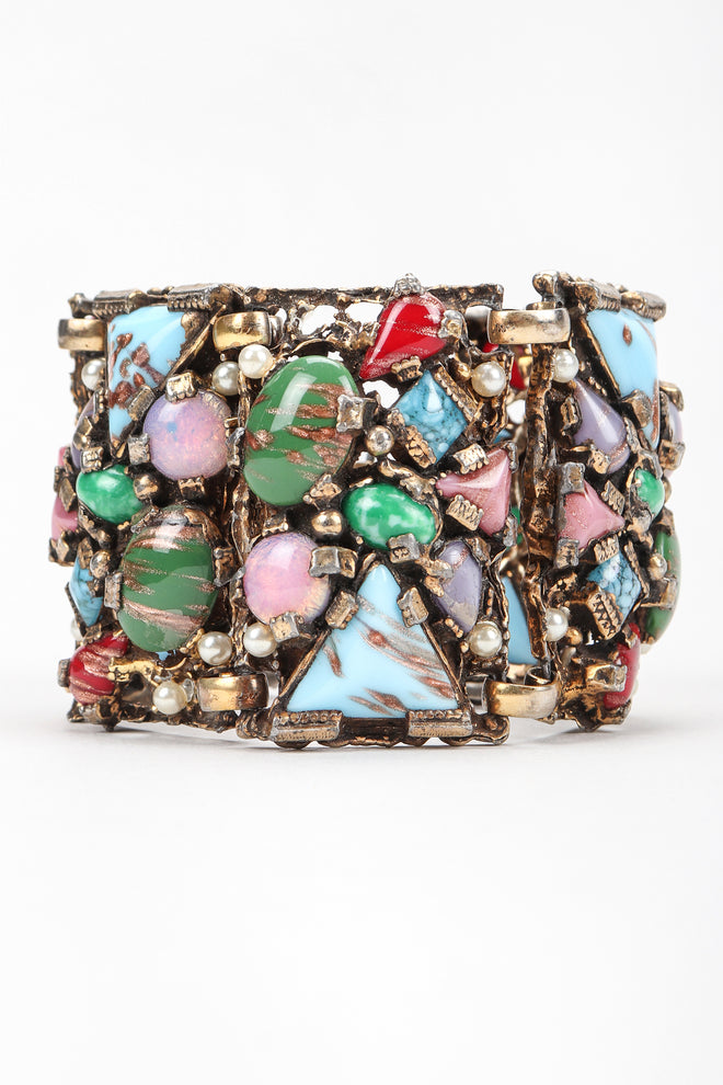 Recess Vintage Brutalist Mosaic Gemstone Hinged Plate Bracelet, white Background