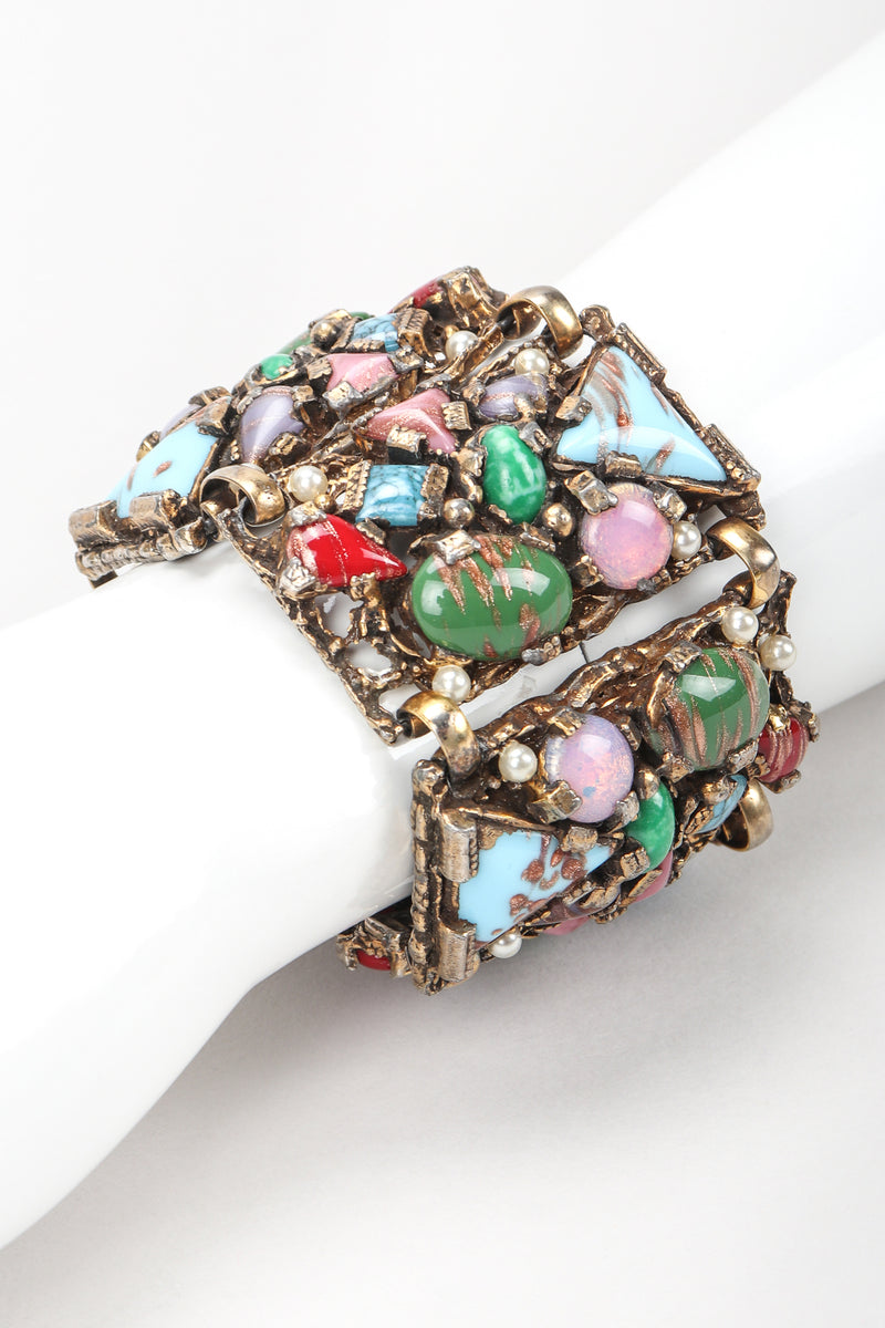 Recess Vintage Brutalist Mosaic Gemstone Hinged Plate Bracelet on Mannequin Arm Close